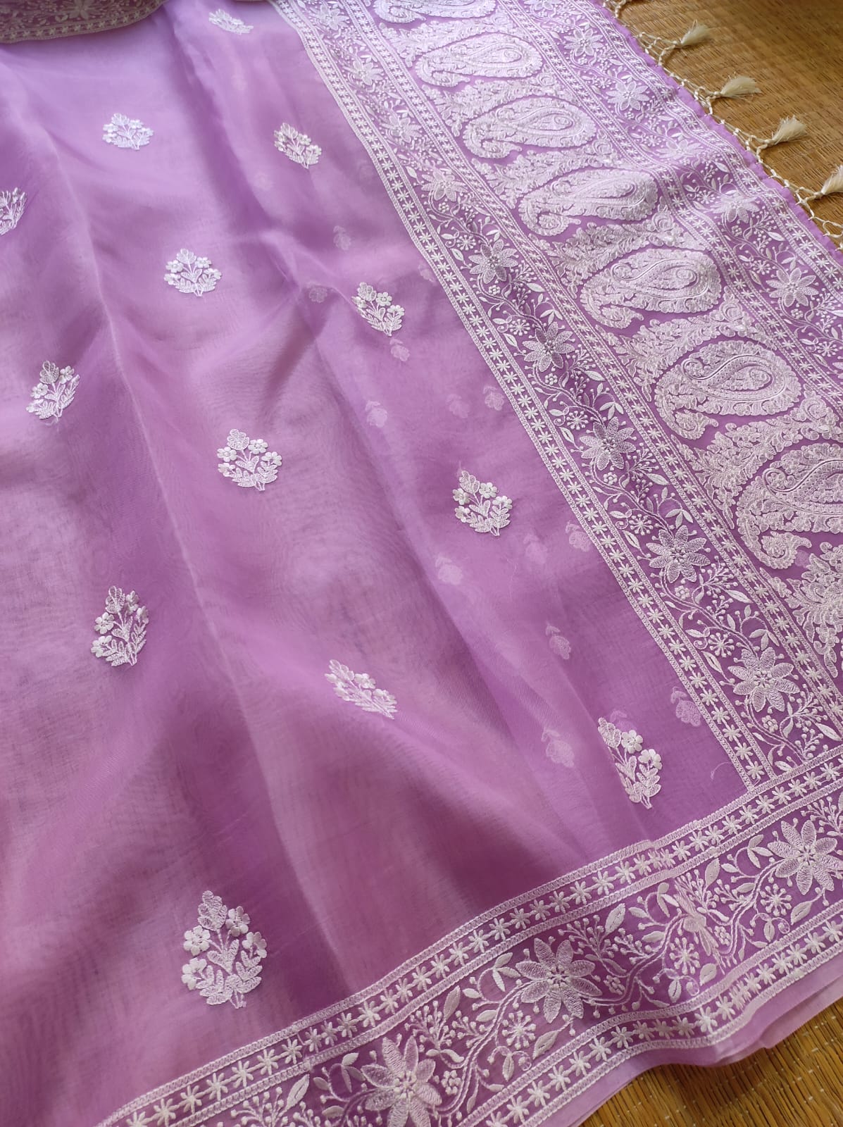 DARK PINK COLOUR PURE ORGANZA SILK EMBROIDERY BORDER BUTA