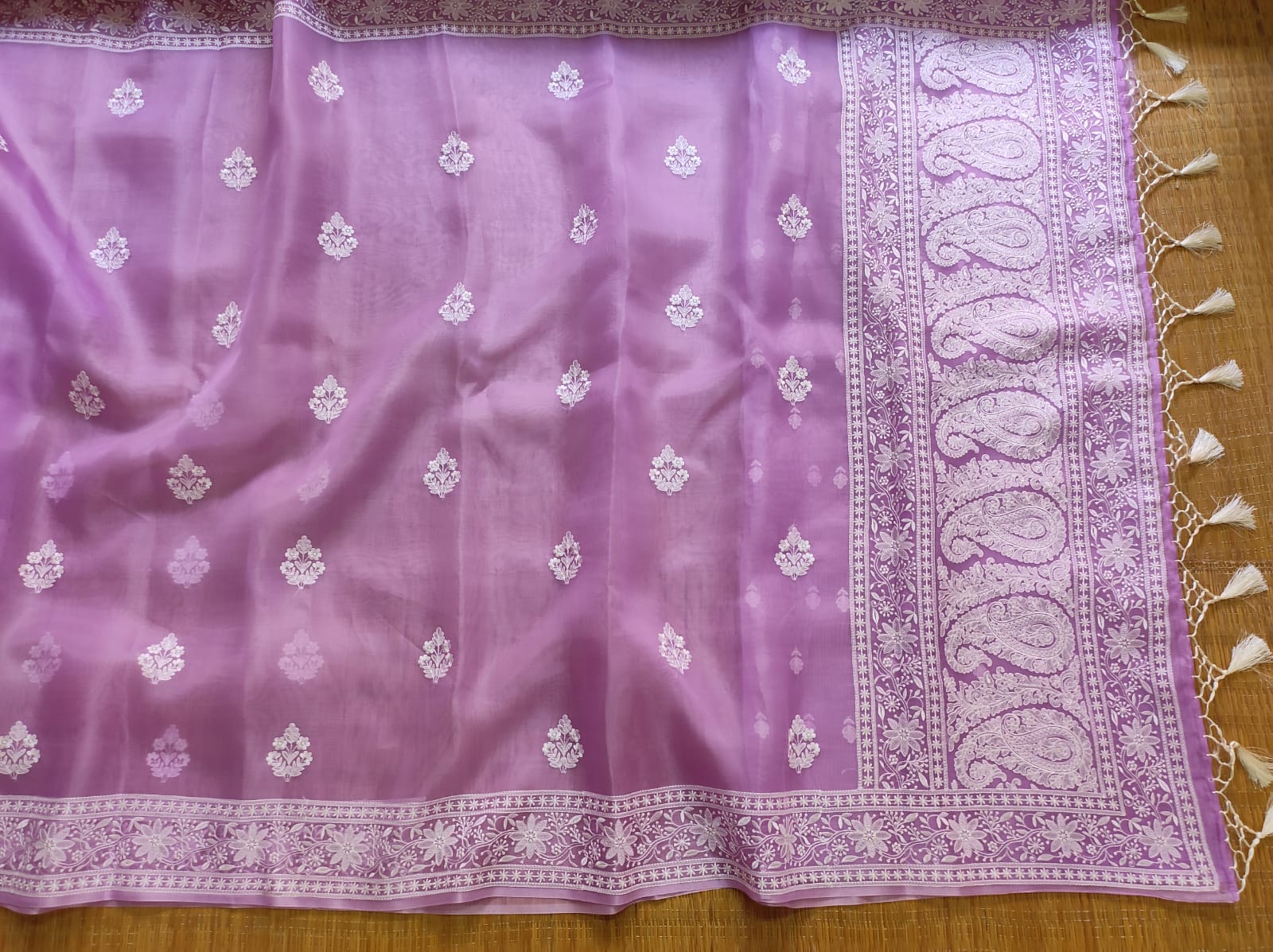 DARK PINK COLOUR PURE ORGANZA SILK EMBROIDERY BORDER BUTA