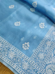 BLUE COLOUR PURE ORGANZA SILK EMBROIDERY BORDER BUTA