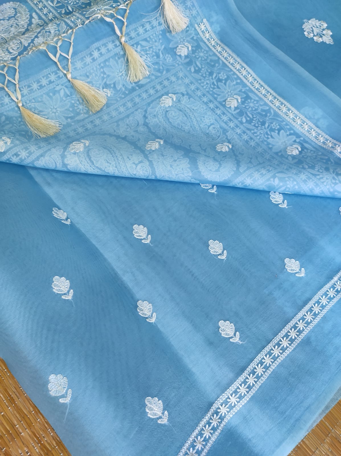 BLUE COLOUR PURE ORGANZA SILK EMBROIDERY BORDER BUTA