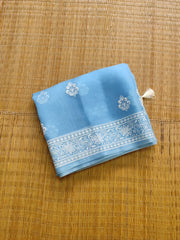 BLUE COLOUR PURE ORGANZA SILK EMBROIDERY BORDER BUTA