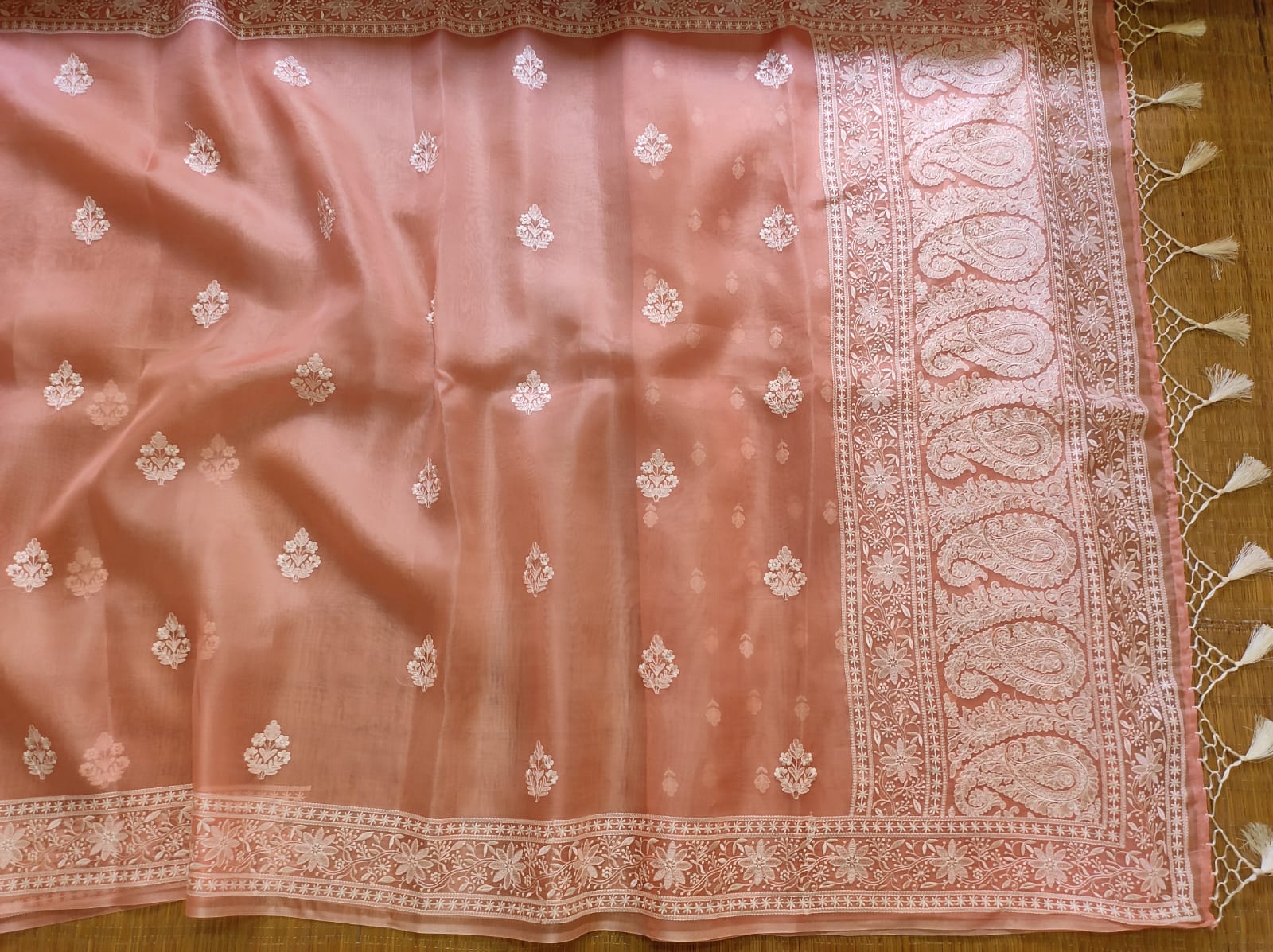 ROSE GOLD COLOUR PURE ORGANZA SILK EMBROIDERY BORDER BUTA