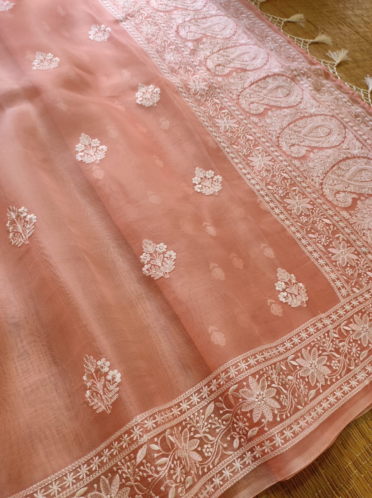 ROSE GOLD COLOUR PURE ORGANZA SILK EMBROIDERY BORDER BUTA