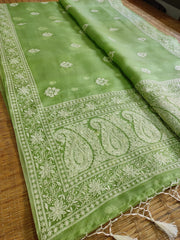 LIGHT GREEN PURE ORGANZA SILK EMBROIDERY BORDER BUTA SAREE BANARAS