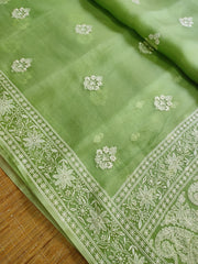 LIGHT GREEN PURE ORGANZA SILK EMBROIDERY BORDER BUTA SAREE BANARAS