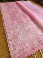 LIGHT PINK COLOUR PURE ORGANZA SILK EMBROIDERY BORDER BUTA