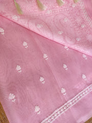 LIGHT PINK COLOUR PURE ORGANZA SILK EMBROIDERY BORDER BUTA