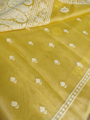 YELLOW COLOUR PURE ORGANZA SILK EMBROIDERY BORDER BUTA