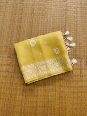 YELLOW COLOUR PURE ORGANZA SILK EMBROIDERY BORDER BUTA