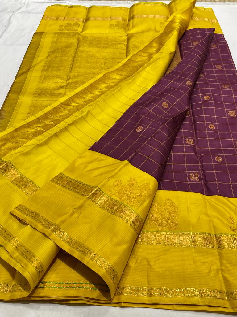 BARGUNDY / YELLOW KANCHI SAREE