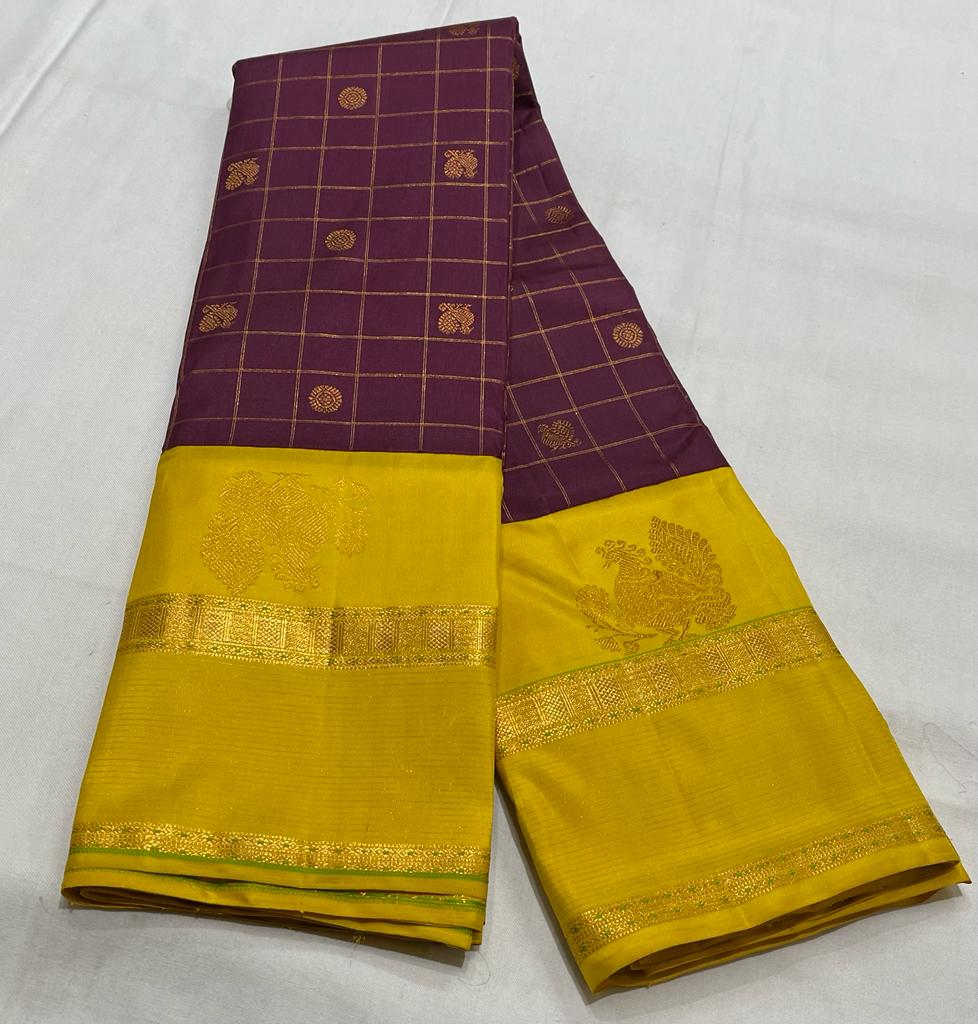 BARGUNDY / YELLOW KANCHI SAREE