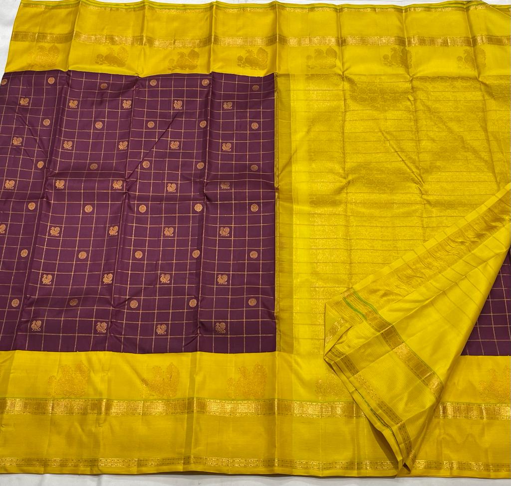 BARGUNDY / YELLOW KANCHI SAREE