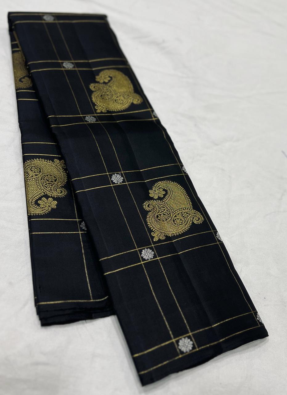 BLACK BOARDERLESS KANCHI SAREE