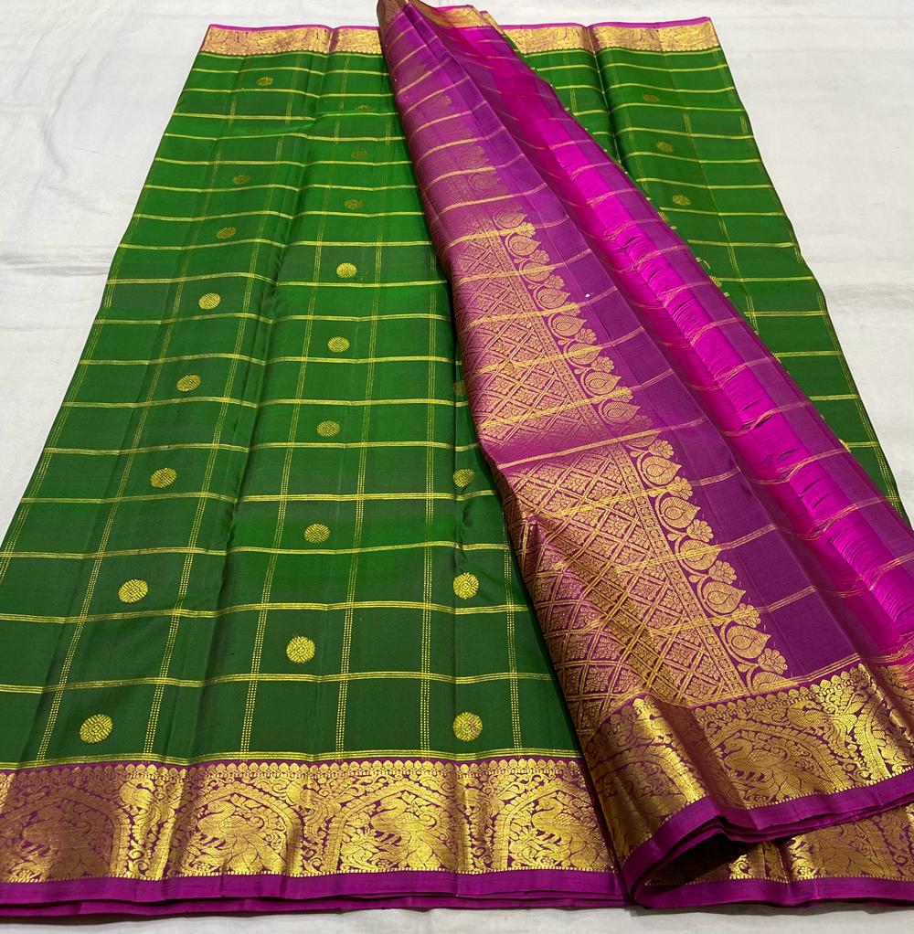 BOTTLE GREEN / PINK KANCHI SAREE