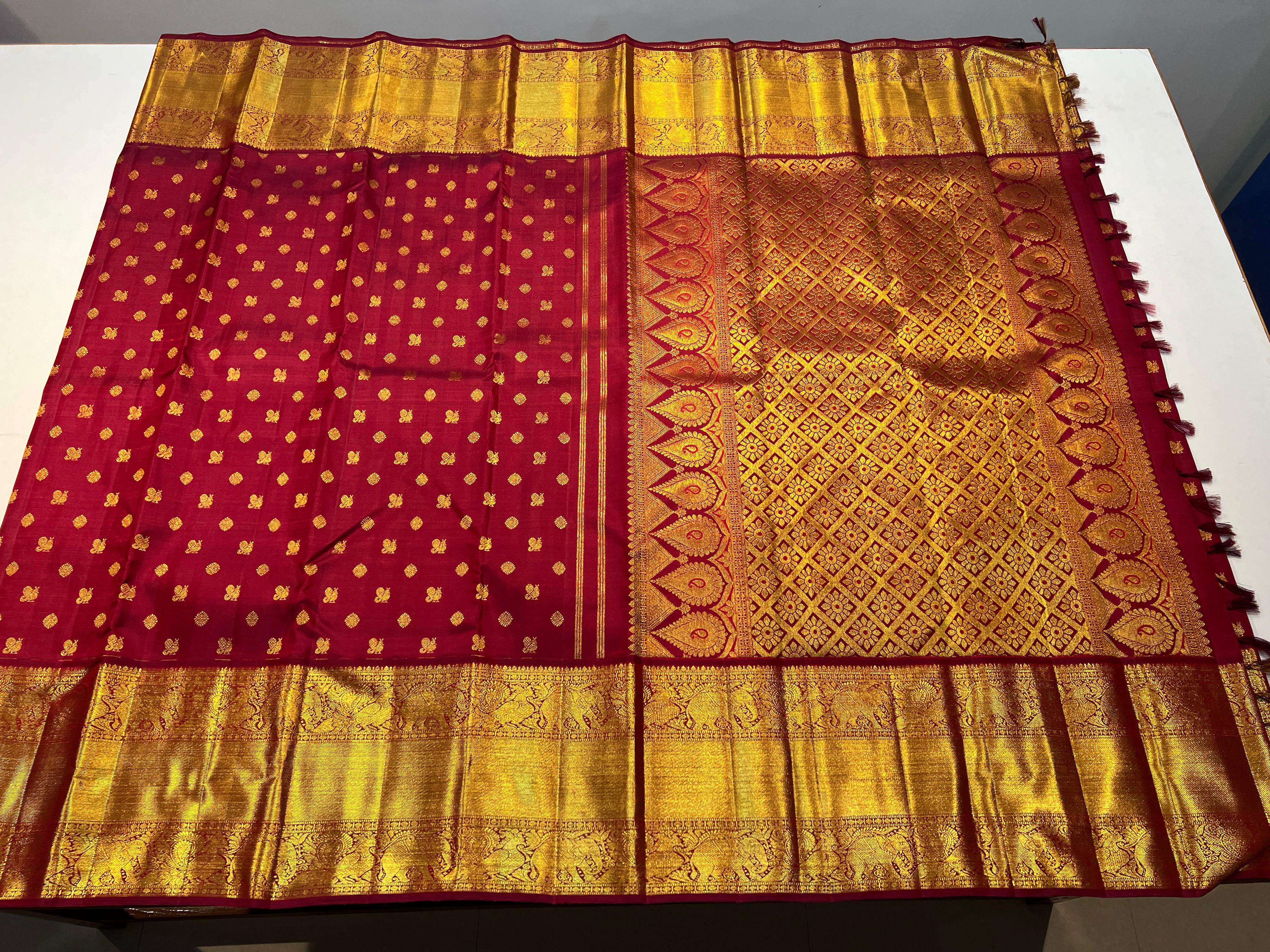 DARK RED / GOLD  KANCHI SAREE