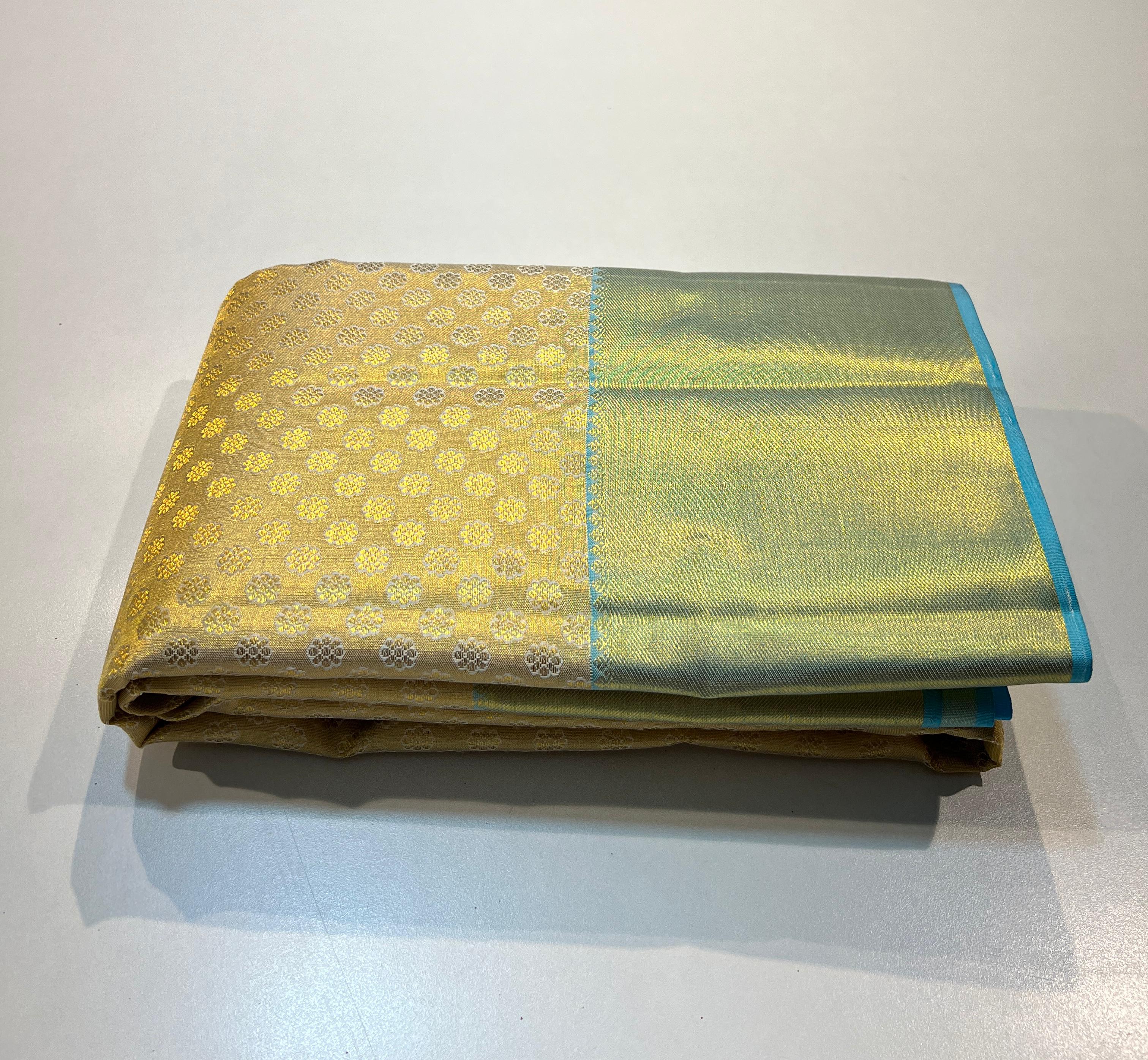 GOLD / TURQUOISE GREEN KANCHI SILK SAREE