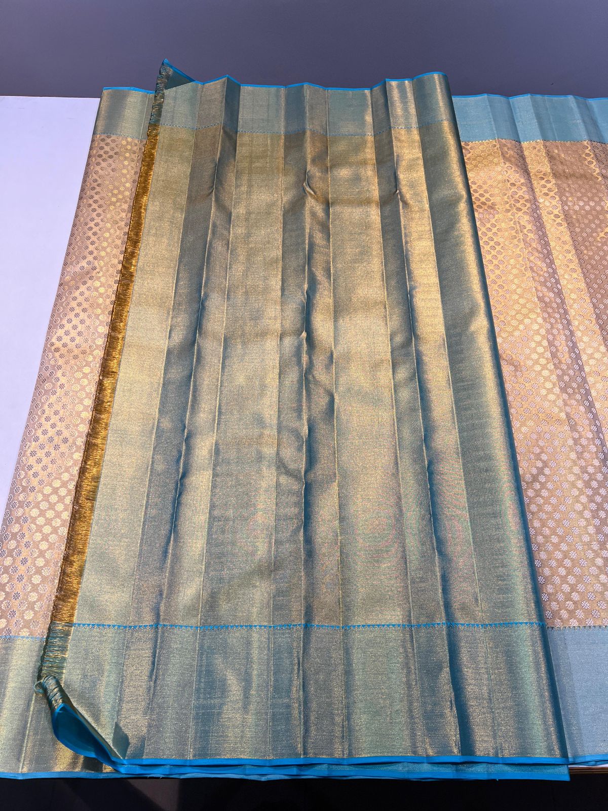 GOLD / TURQUOISE GREEN KANCHI SILK SAREE