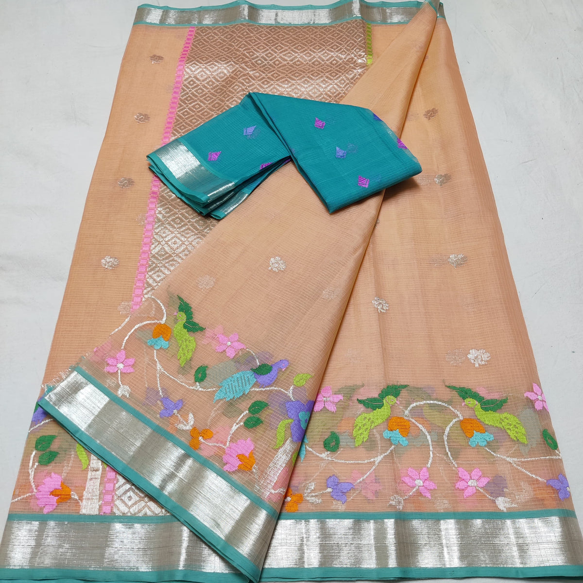 PEACH / BLUE ZARI KOTA SAREE