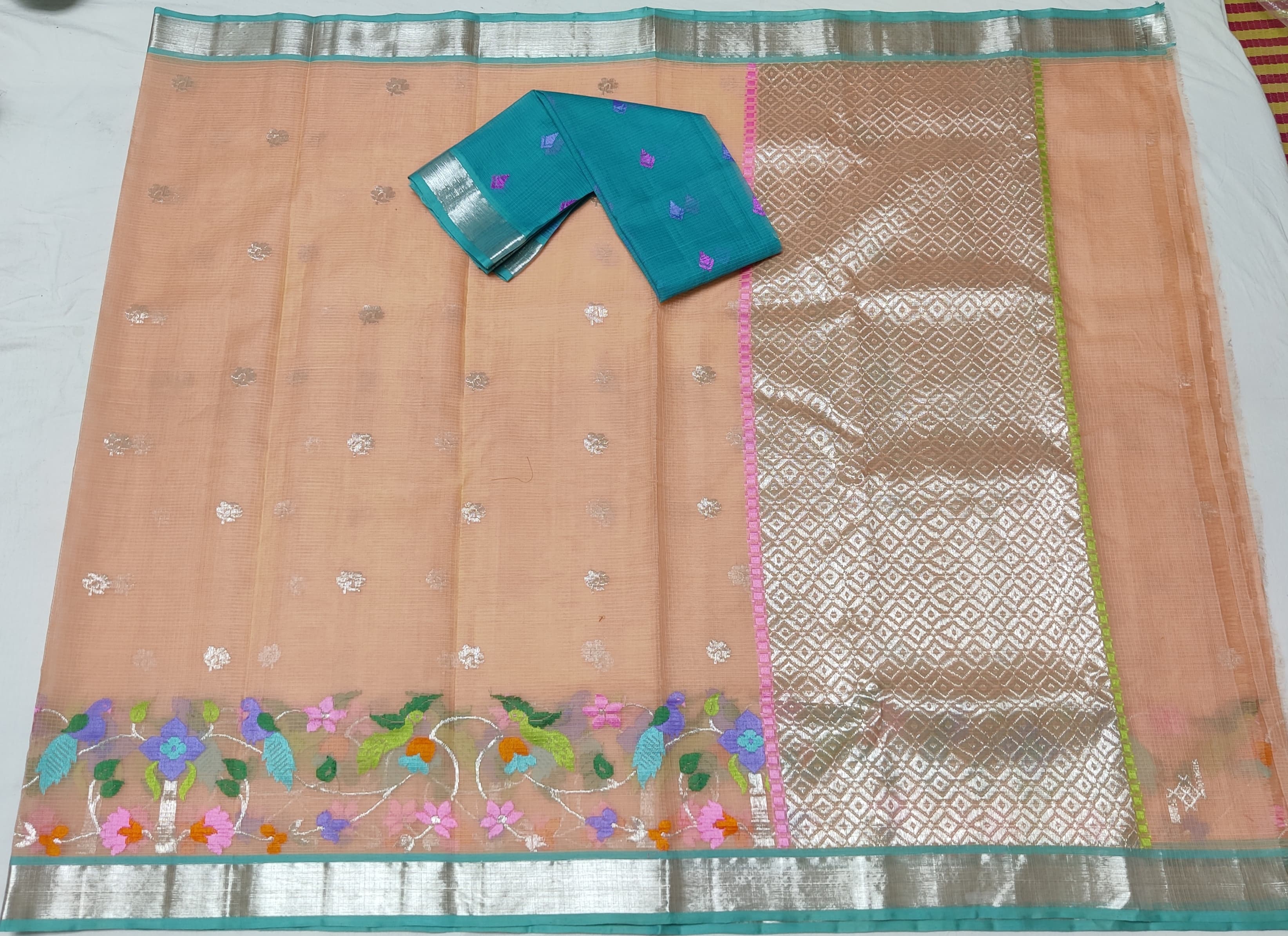 PEACH / BLUE ZARI KOTA SAREE