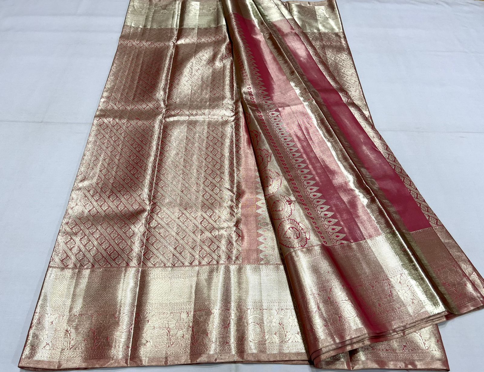 PINKISH RED KANCHI TISSUE SAREE