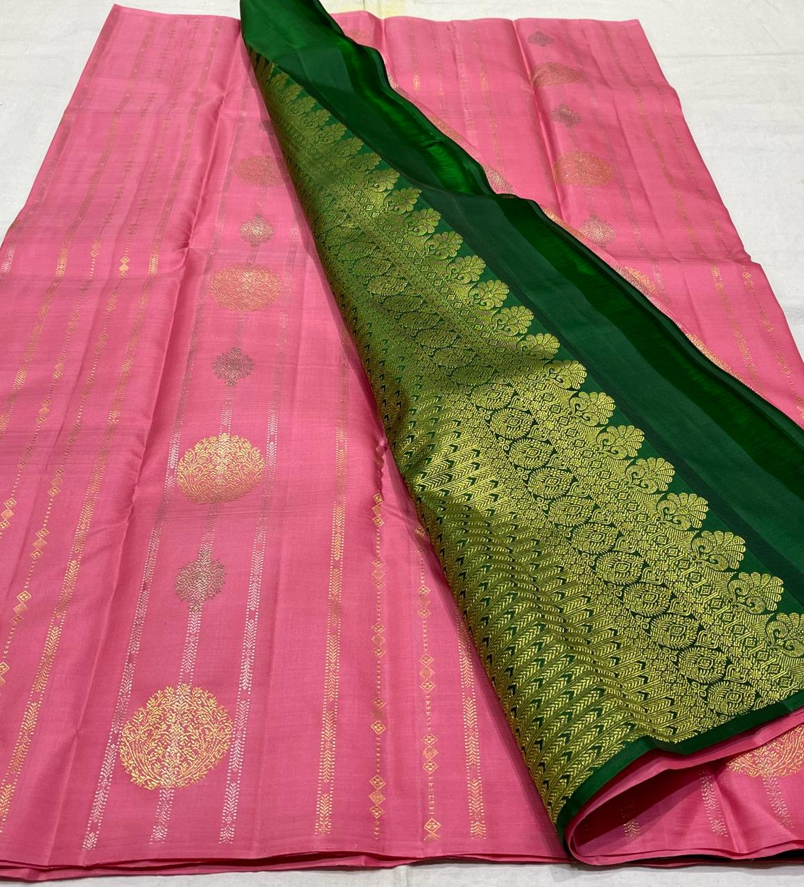 PINK / BOTTLE GREEN  BOARDERLESS KANCHI SAREE