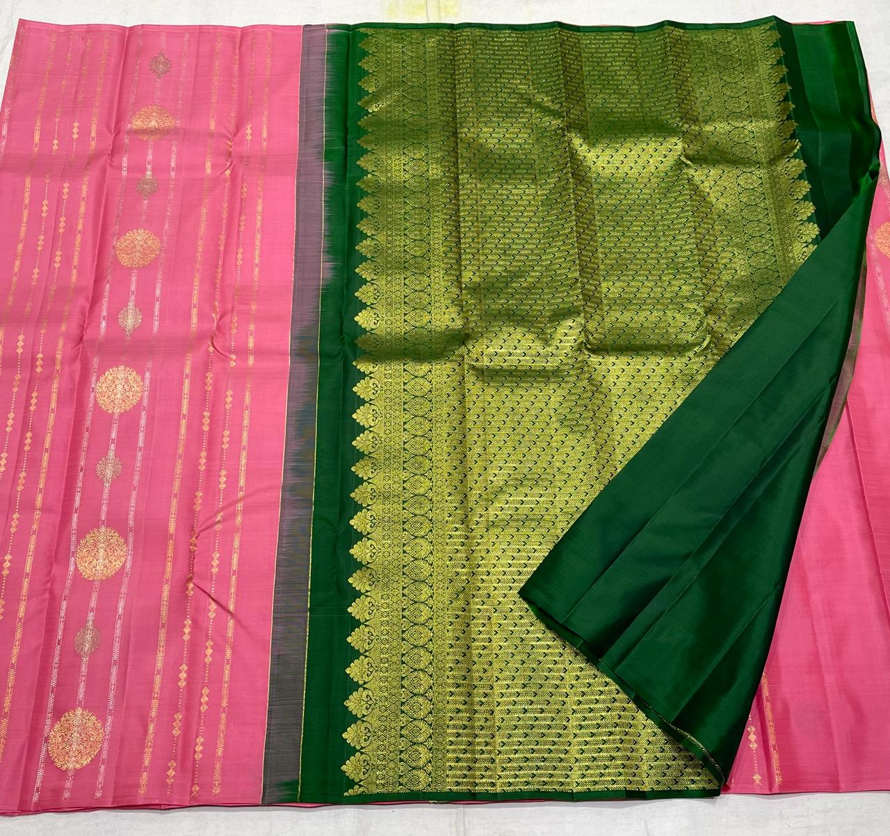 PINK / BOTTLE GREEN  BOARDERLESS KANCHI SAREE