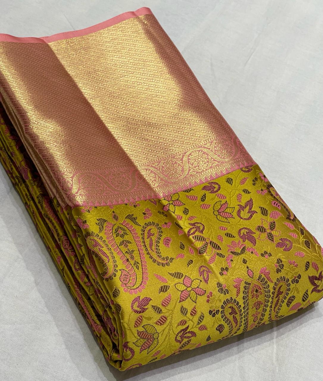 MUSTURD YELLOW / PEACH PINK KANCHI SILK SAREE