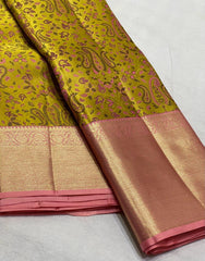 MUSTURD YELLOW / PEACH PINK KANCHI SILK SAREE