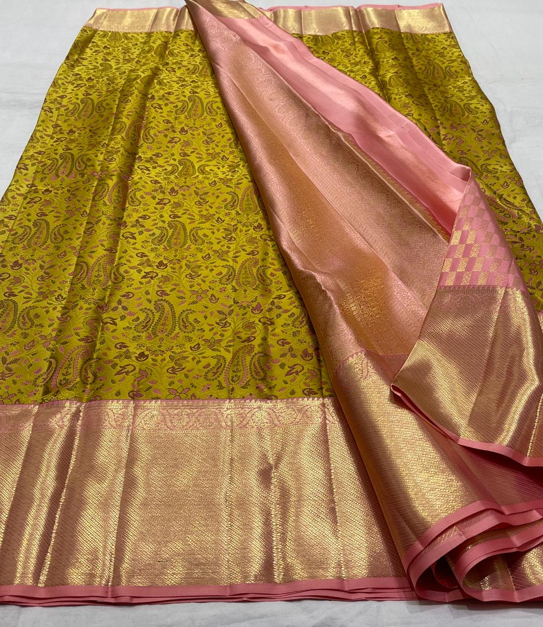 MUSTURD YELLOW / PEACH PINK KANCHI SILK SAREE