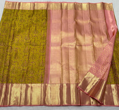 MUSTURD YELLOW / PEACH PINK KANCHI SILK SAREE