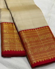 HALF WHITE /  RED KANCHI SILK SAREE