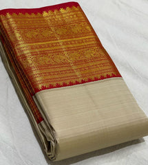 HALF WHITE /  RED KANCHI SILK SAREE