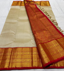 HALF WHITE /  RED KANCHI SILK SAREE