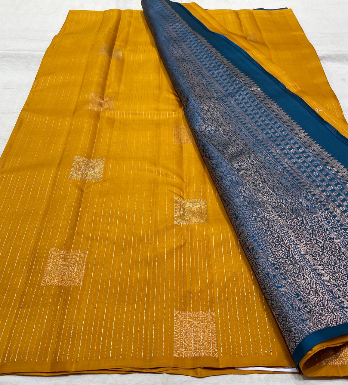 MUSTURD YELLOW / BLUE BOARDERLESS KANCHI SAREE