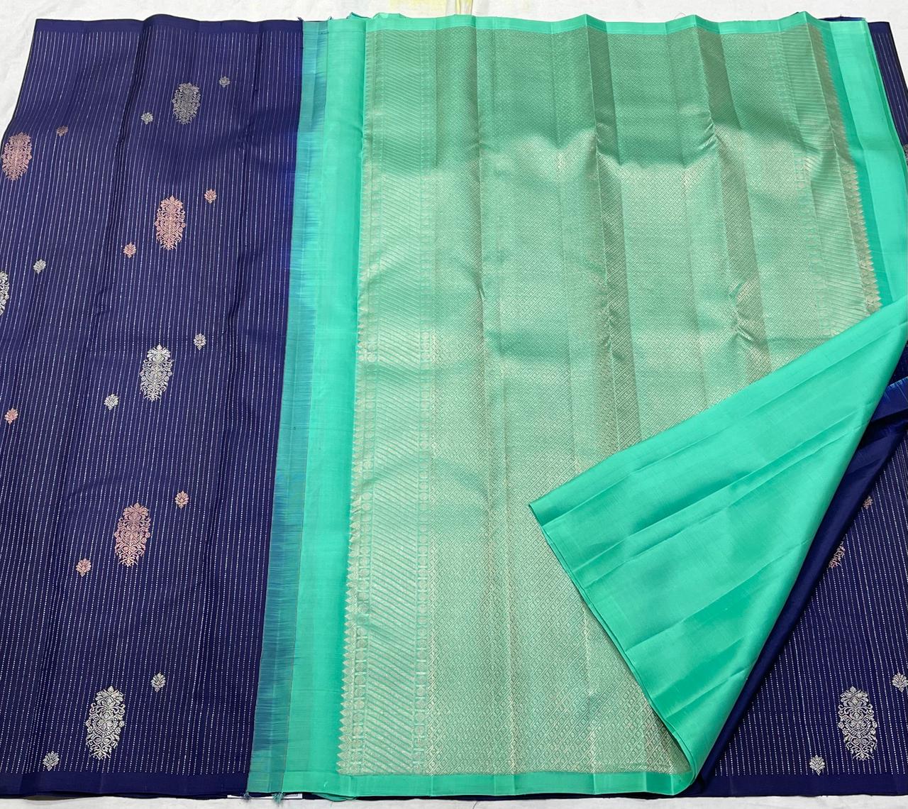 NAVY BLUE / SEA GREEN BOARDERLESS KANCHI SAREE