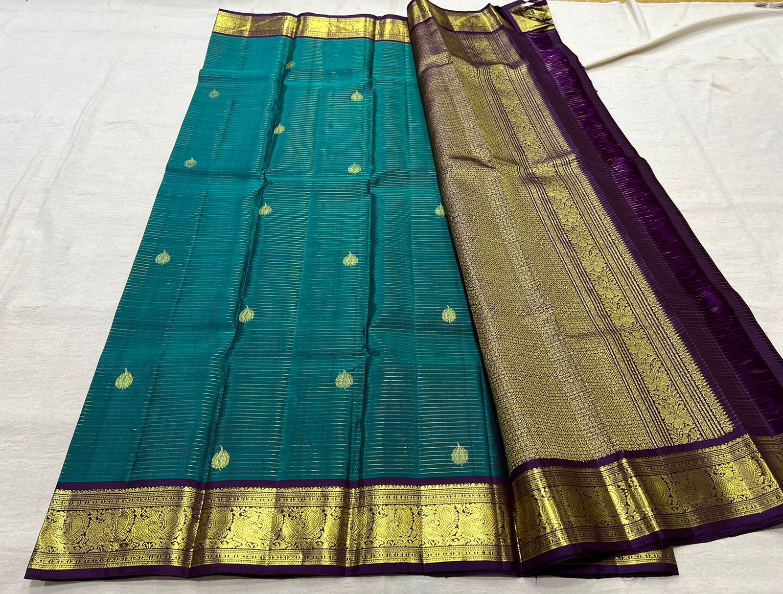 PEACOCK GREEN  / BLUE KANCHI SAREE