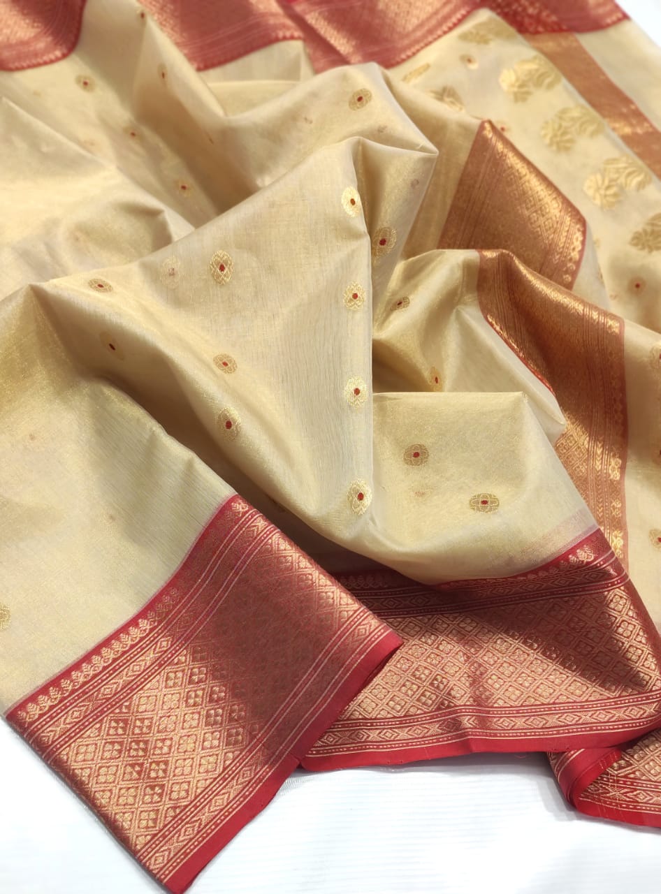 CREAM/RED CHANDERI SAREE