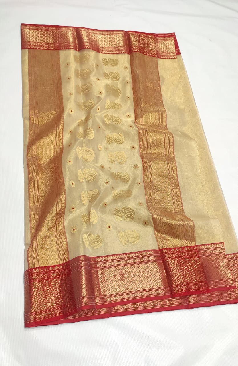 CREAM/RED CHANDERI SAREE