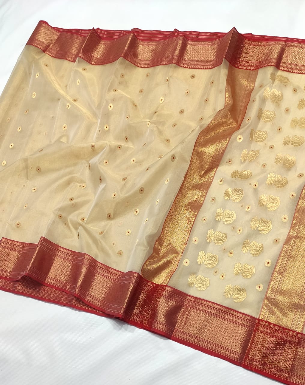 CREAM/RED CHANDERI SAREE