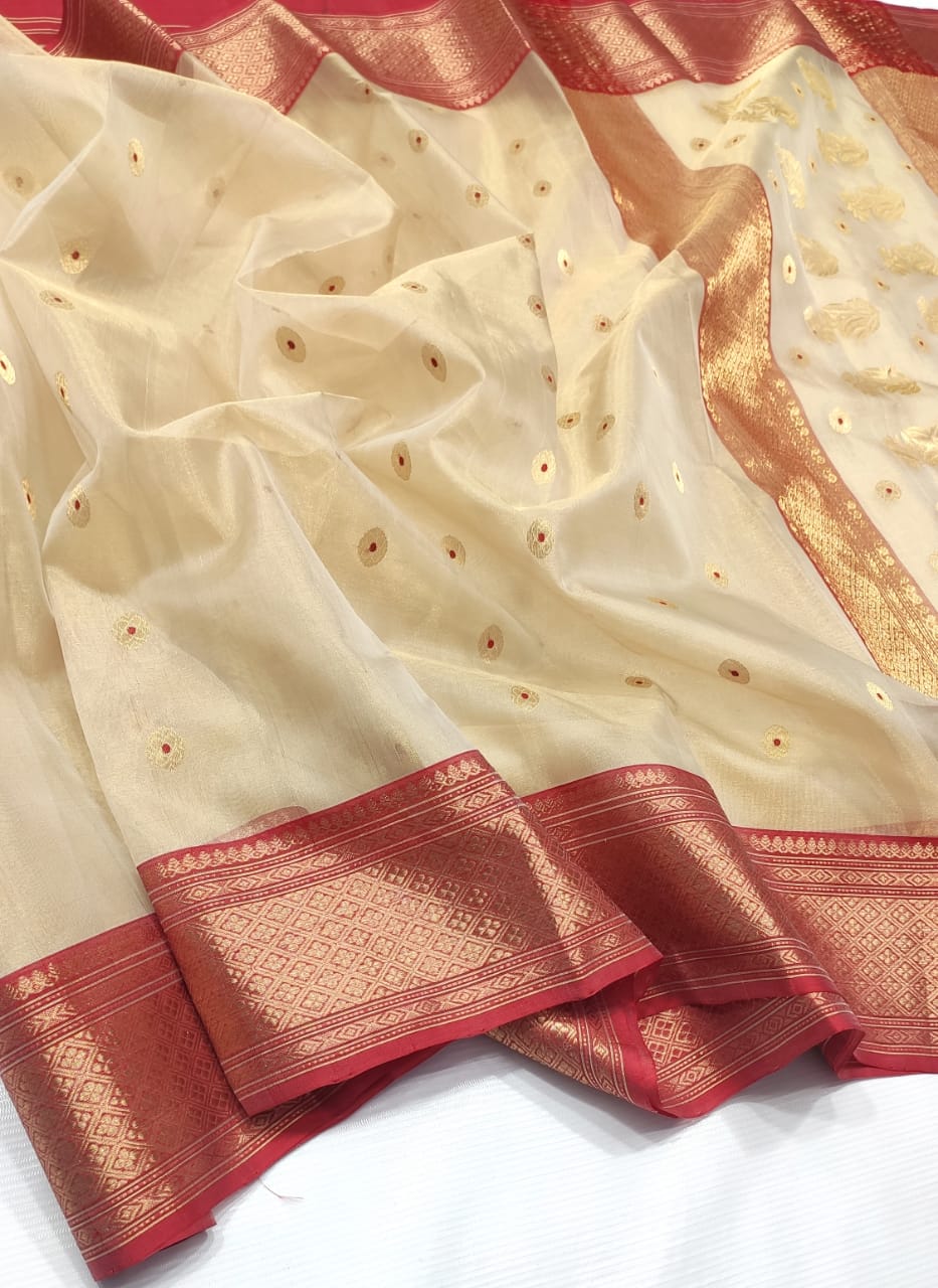 CREAM/RED CHANDERI SAREE