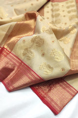 CREAM/RED CHANDERI SAREE