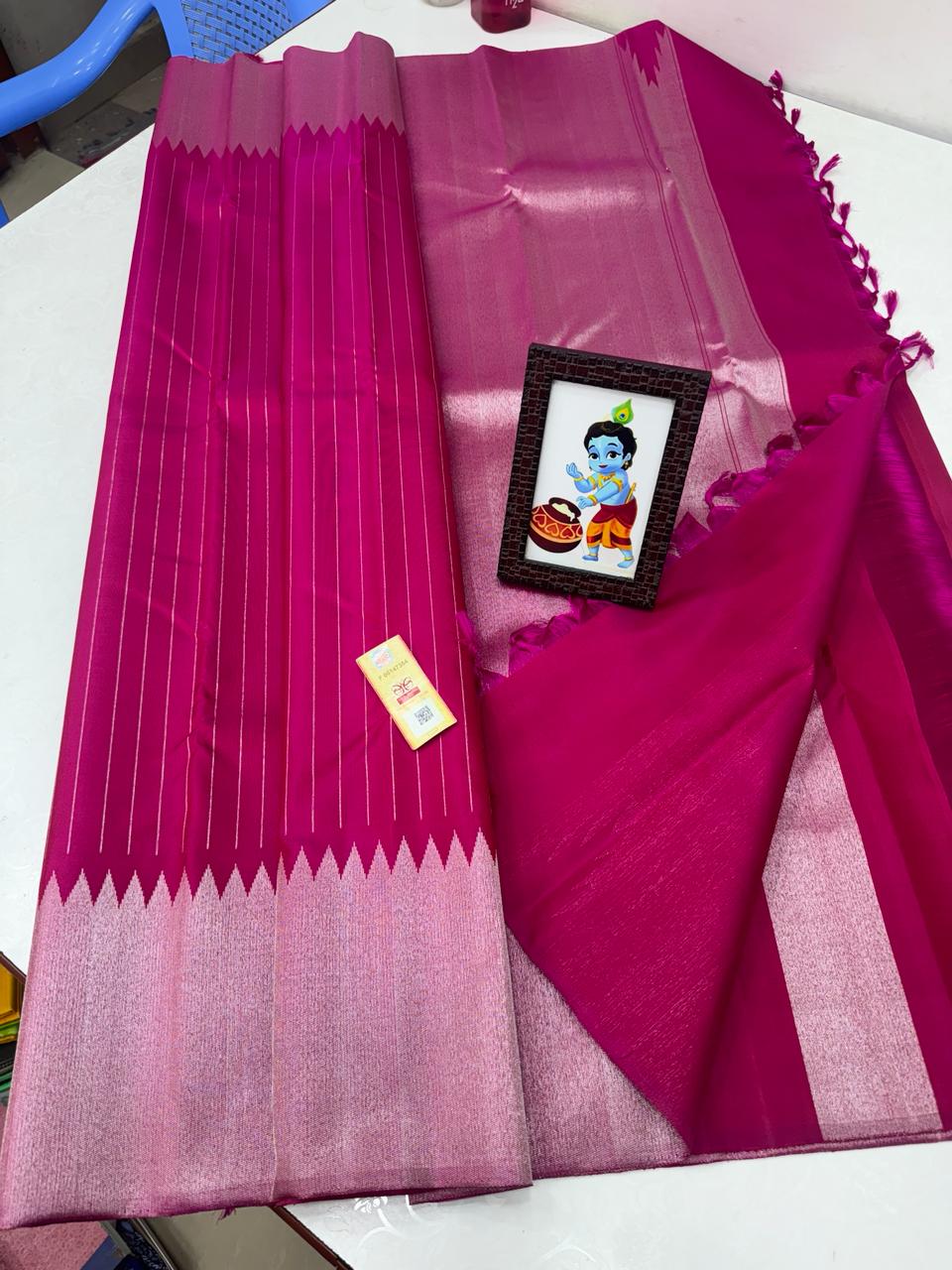 PINK / SILVER  TEMPLE  SILK SAREE