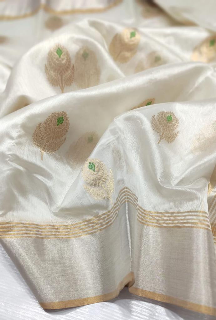 WHITE GREEN CHANDERI SAREE