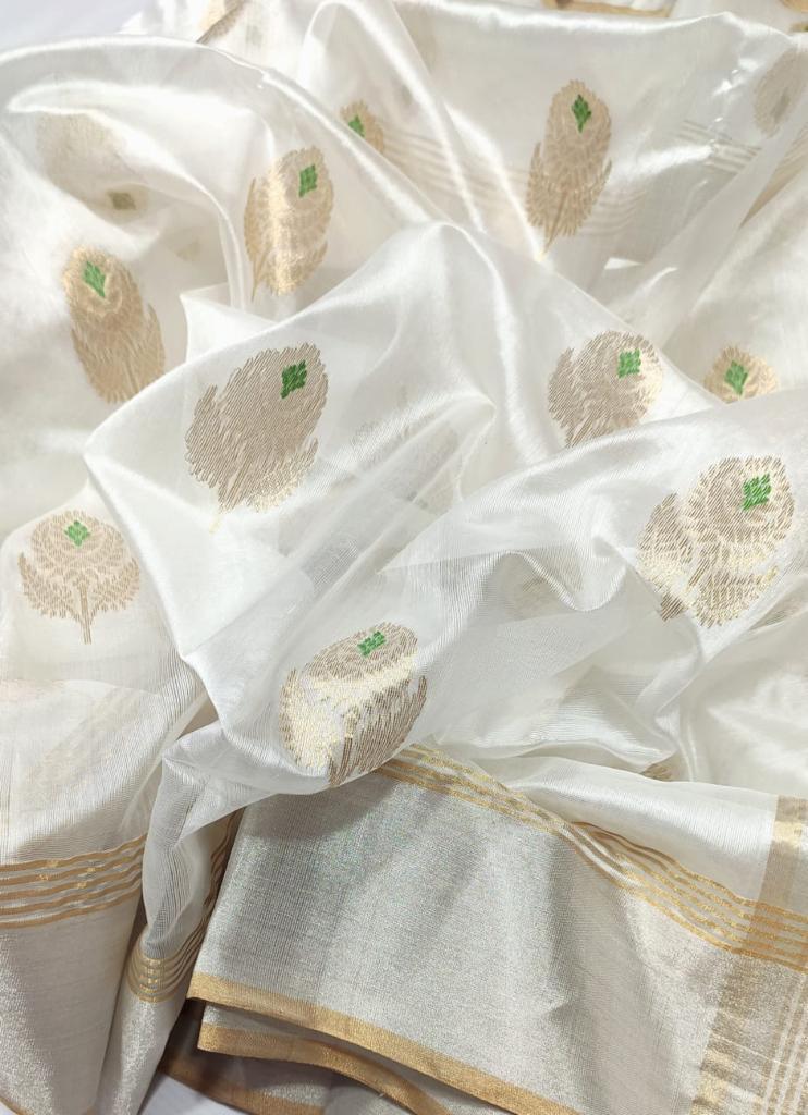 WHITE GREEN CHANDERI SAREE