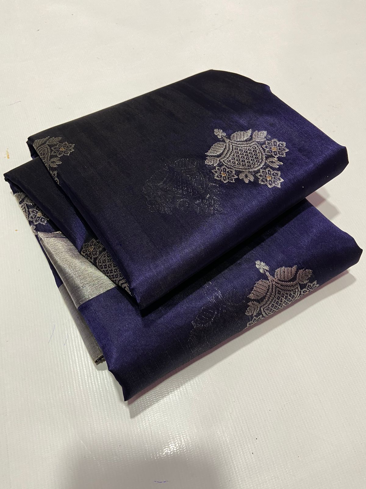 NAVY BLUE SILVER CHANDERI SAREE