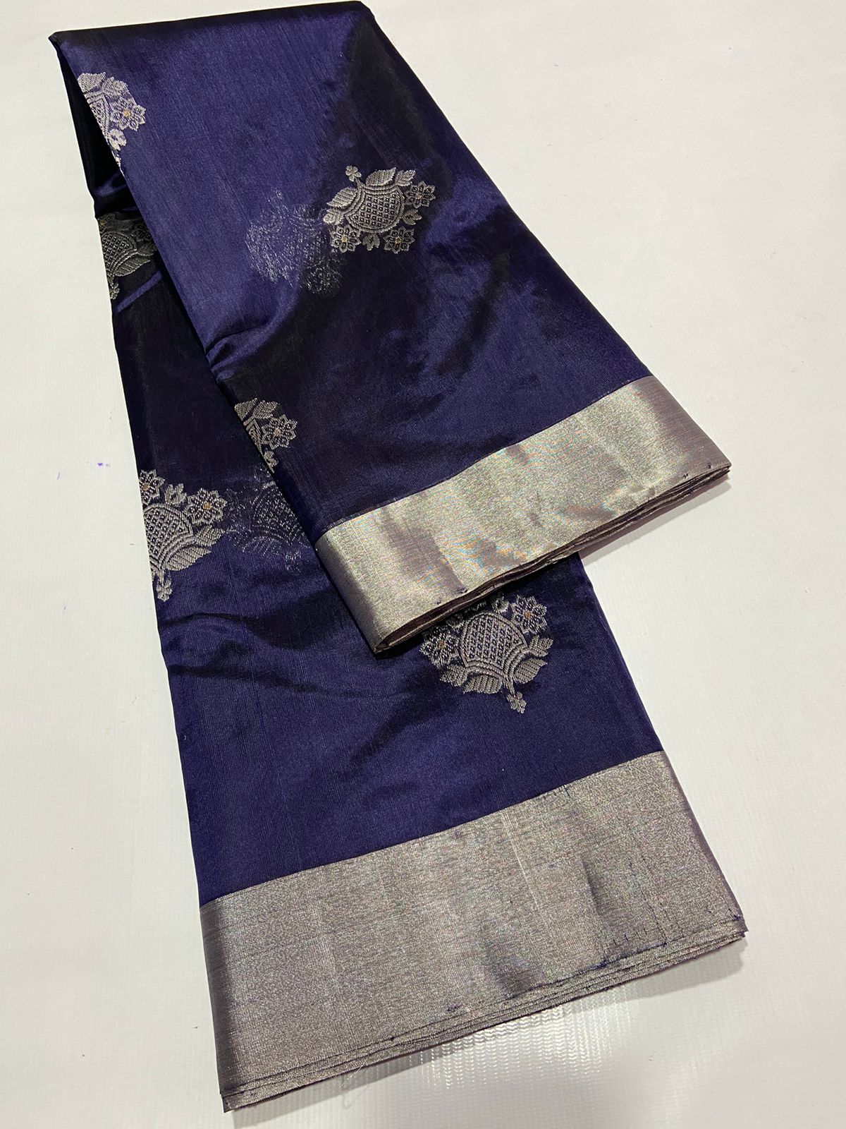 NAVY BLUE SILVER CHANDERI SAREE