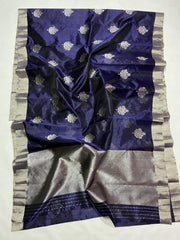 NAVY BLUE SILVER CHANDERI SAREE