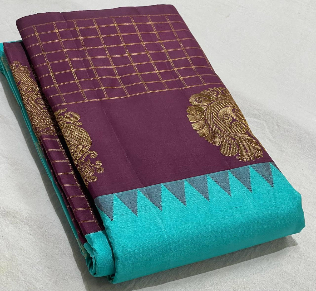 SKY BLUE /BROWN TEMPLE  SILK SAREE