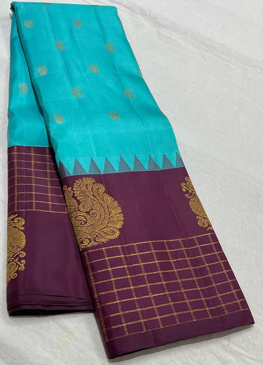 SKY BLUE /BROWN TEMPLE  SILK SAREE