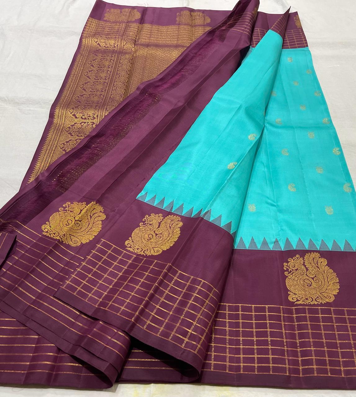 SKY BLUE /BROWN TEMPLE  SILK SAREE